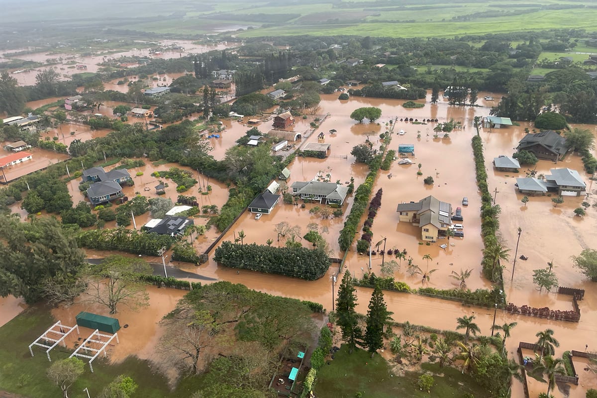 Aerial view of flooded Waialua neighborhood on Oahu after Kona Low storm, March 2026