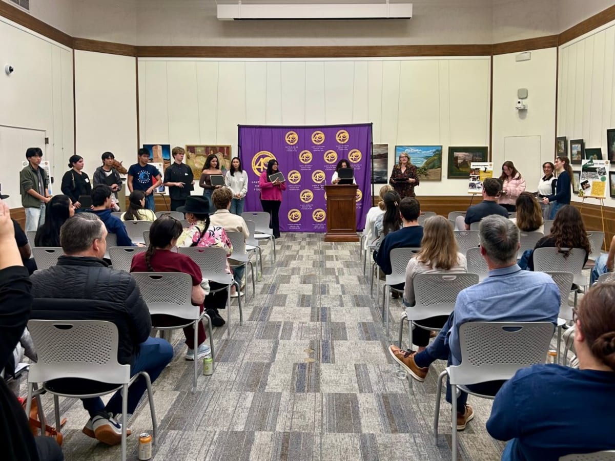 High school students presenting innovation projects at Santa Barbara Public Library gallery event