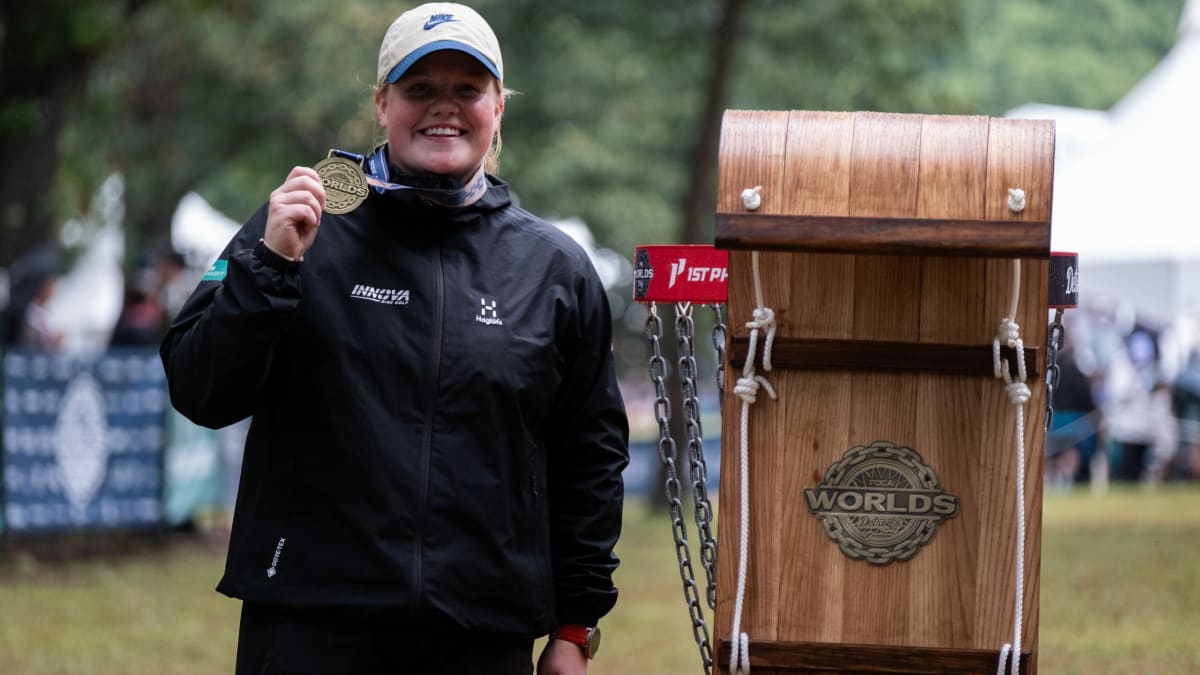 Eveliina Salonen celebrating her second disc golf world championship victory in Michigan