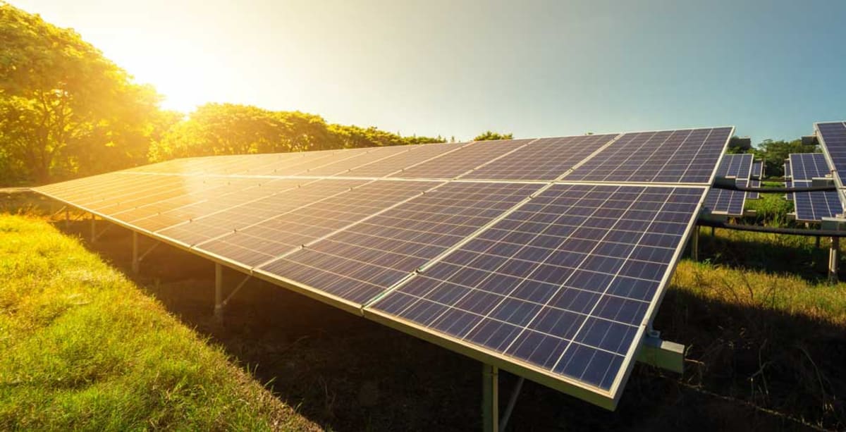Solar panels stretching across landscape generating clean renewable electricity under bright sunlight