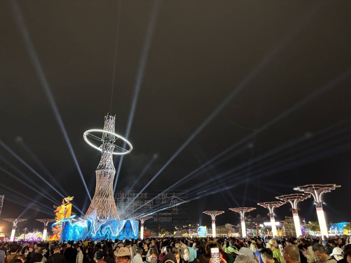 Massive illuminated tree-shaped lantern glowing at night during Taiwan Lantern Festival in Chiayi