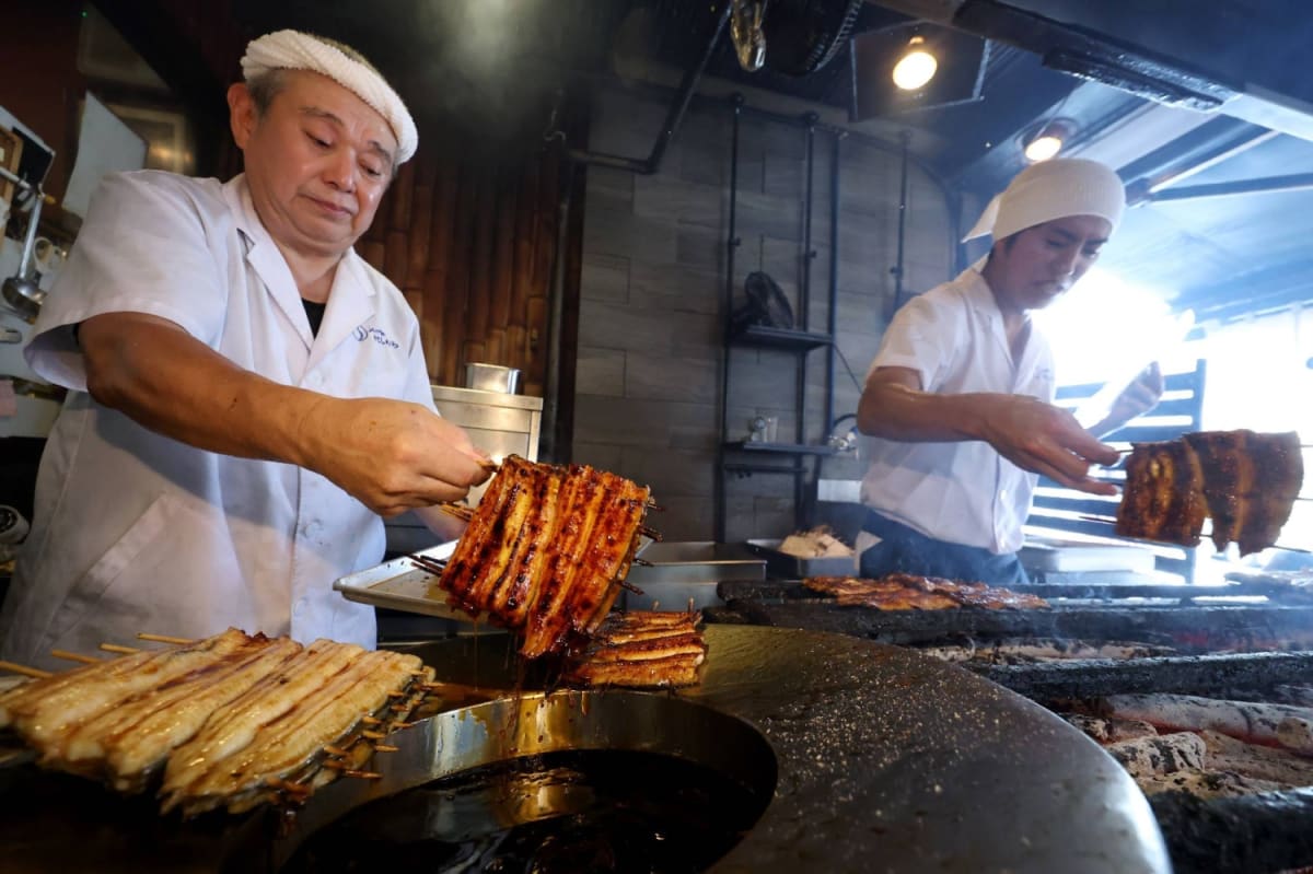 Chef grilling fresh eel fillets over charcoal at traditional Tokyo restaurant
