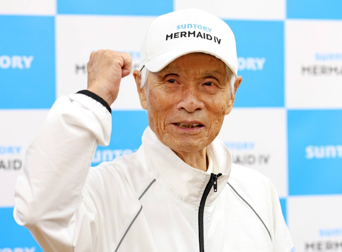 Elderly Japanese sailor Kenichi Horie at news conference announcing Pacific Ocean crossing attempt
