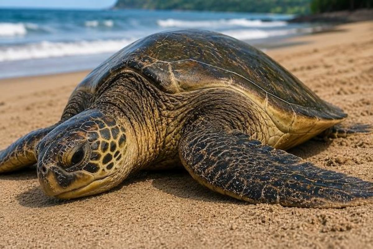 Green sea turtle swimming near coral reef in protected marine habitat