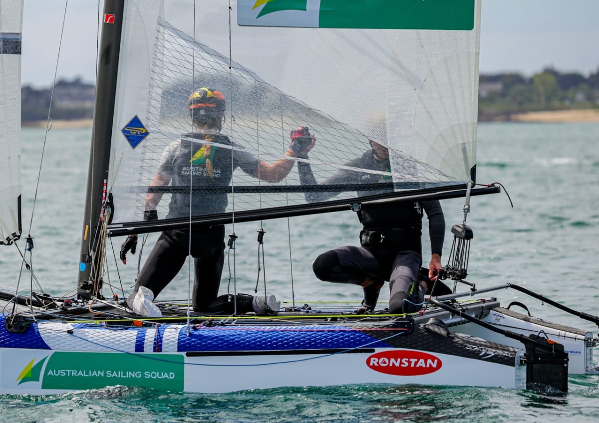Australian sailors racing 49er skiff at World Championships in Quiberon, France