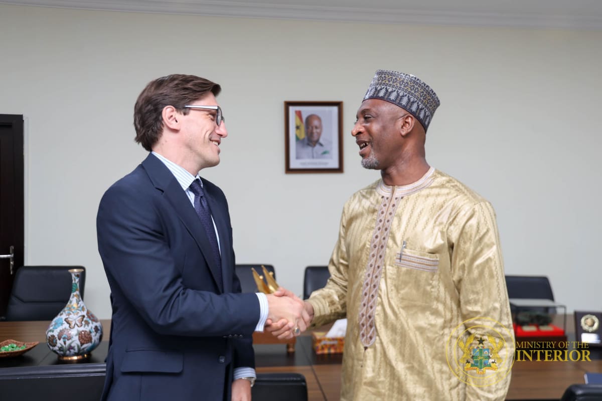 German and Ghanaian officials shaking hands during diplomatic meeting about security cooperation