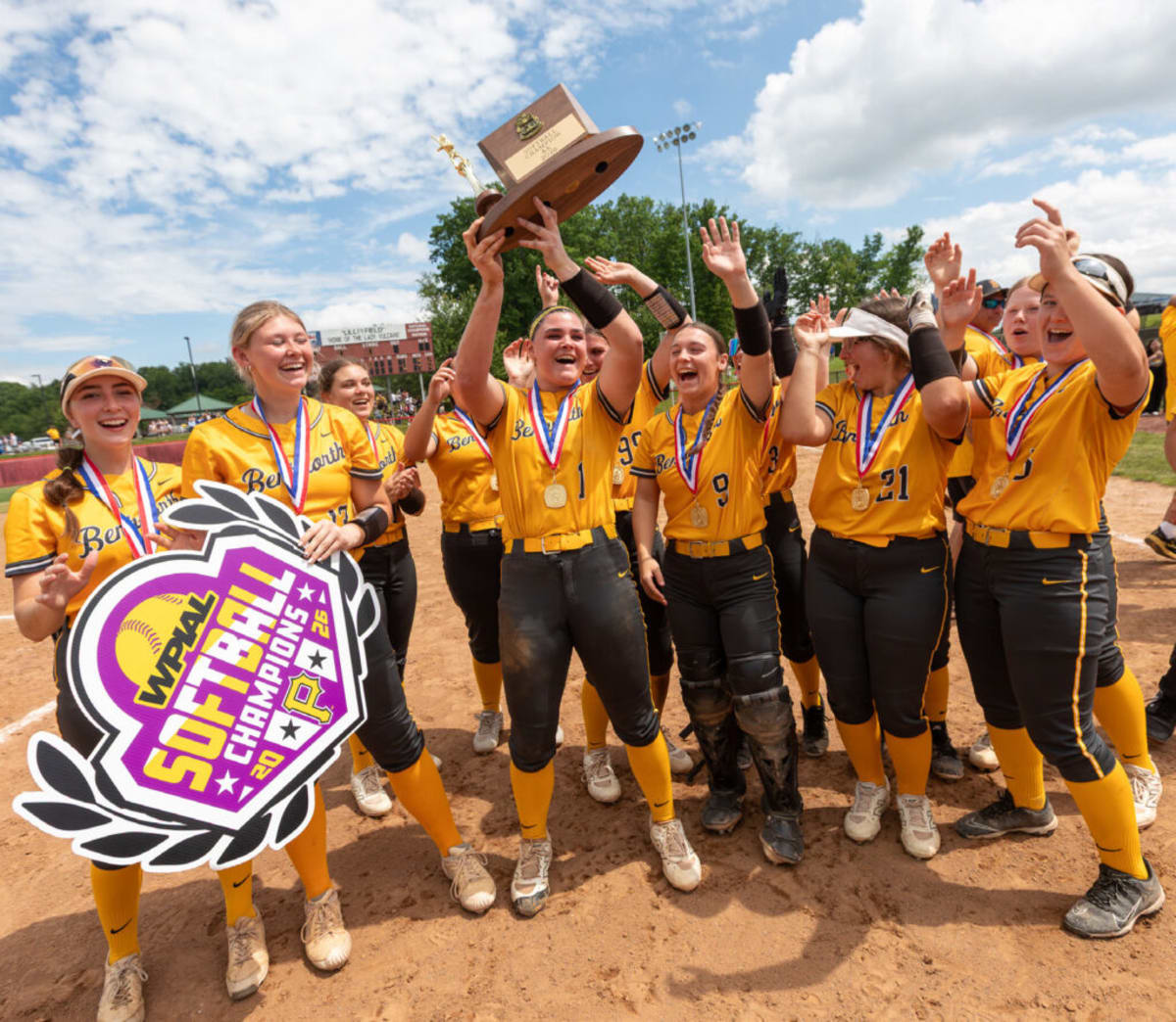 ** Bentworth Bearcats baseball team celebrating together after winning WPIAL Class 2A championship at Lilley Field