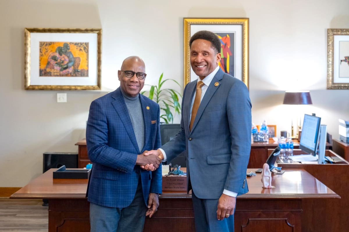 Morgan State University President David Wilson and Maryland Senator Arthur Ellis shake hands at scholarship partnership announcement