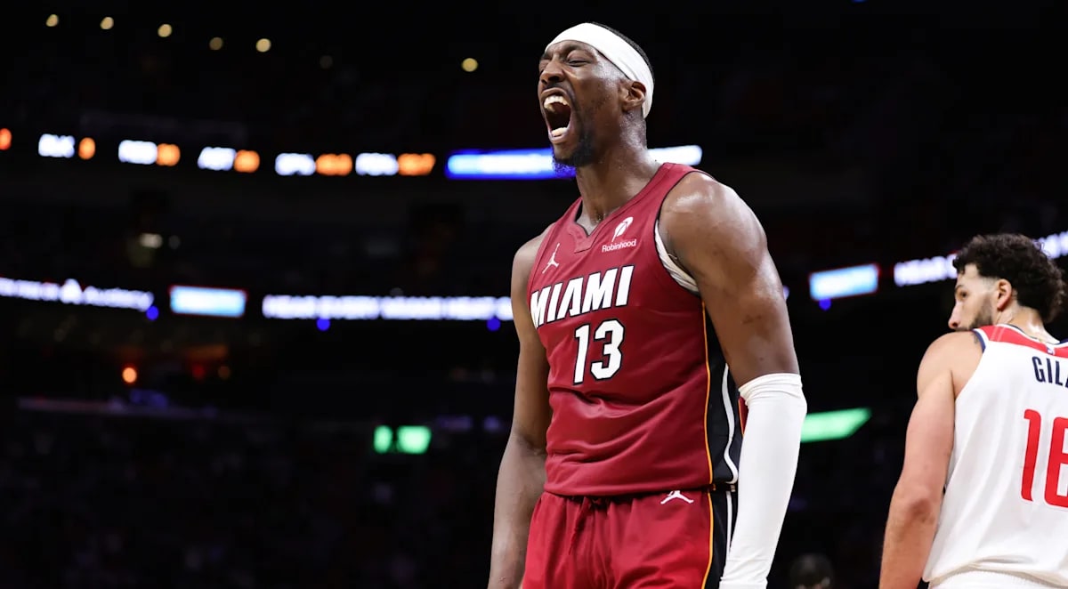Bam Adebayo celebrating on basketball court after historic 83-point performance for Miami Heat
