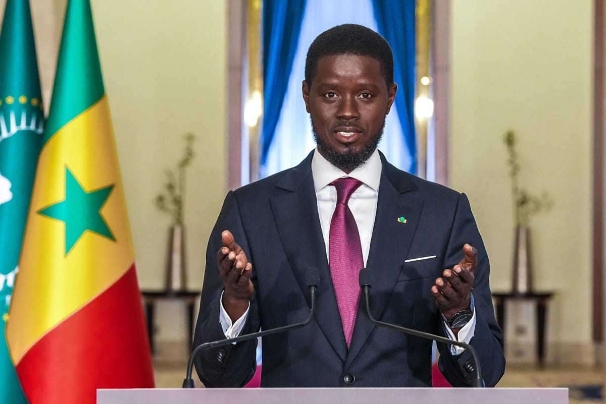 Senegal President Bassirou Diomaye Faye speaking at press conference about diplomatic efforts