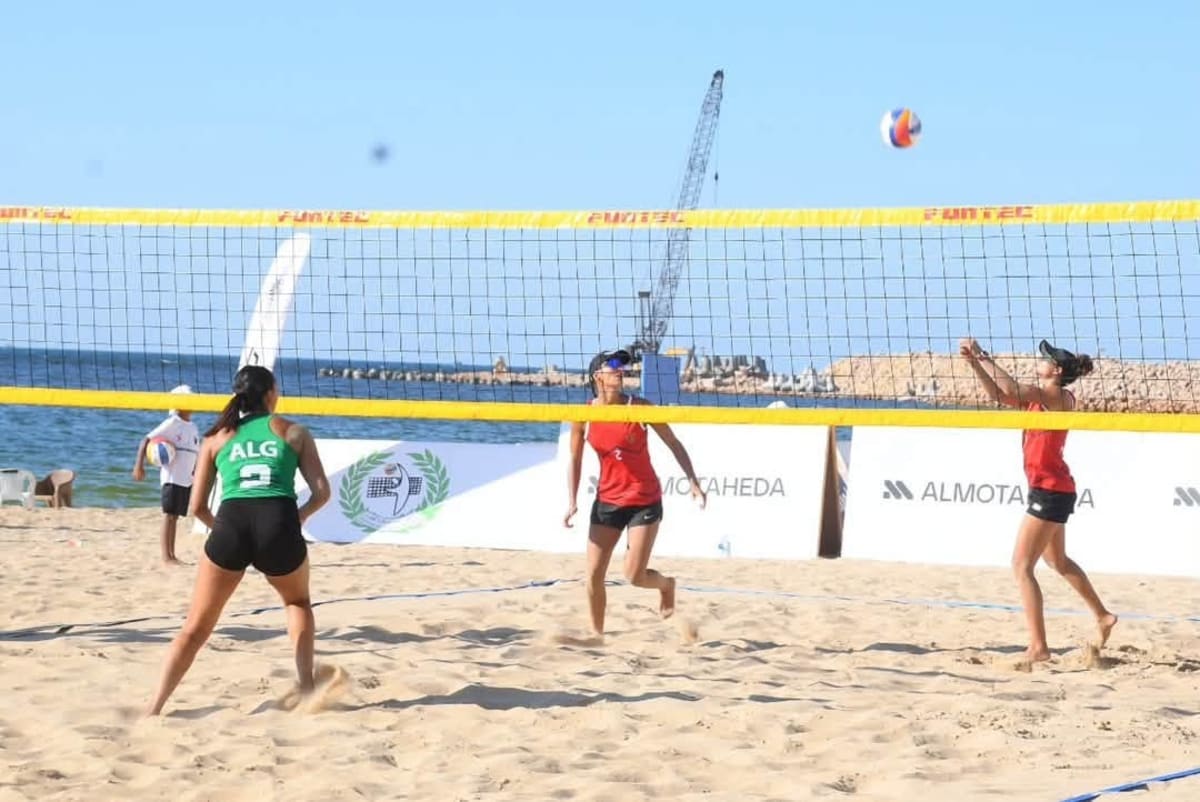 Moroccan women's beach volleyball players celebrating victory at African Championship in Alexandria, Egypt