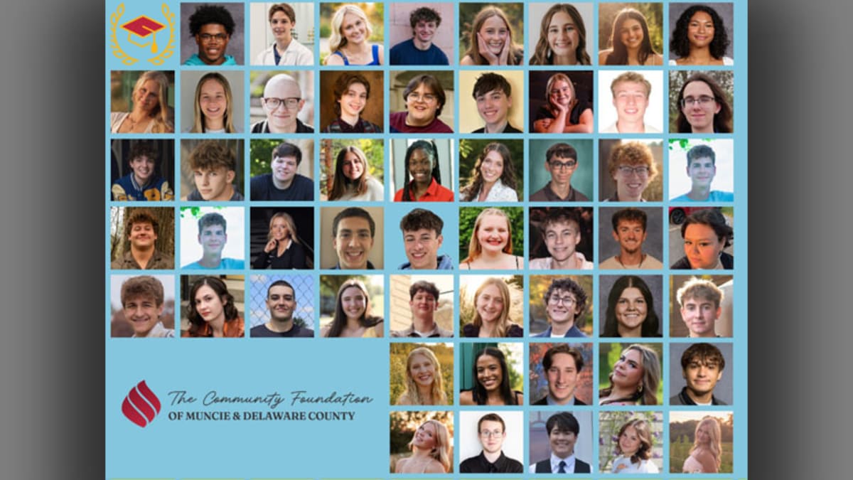 Group of 68 scholarship recipients from Delaware County Indiana posing together celebrating educational awards