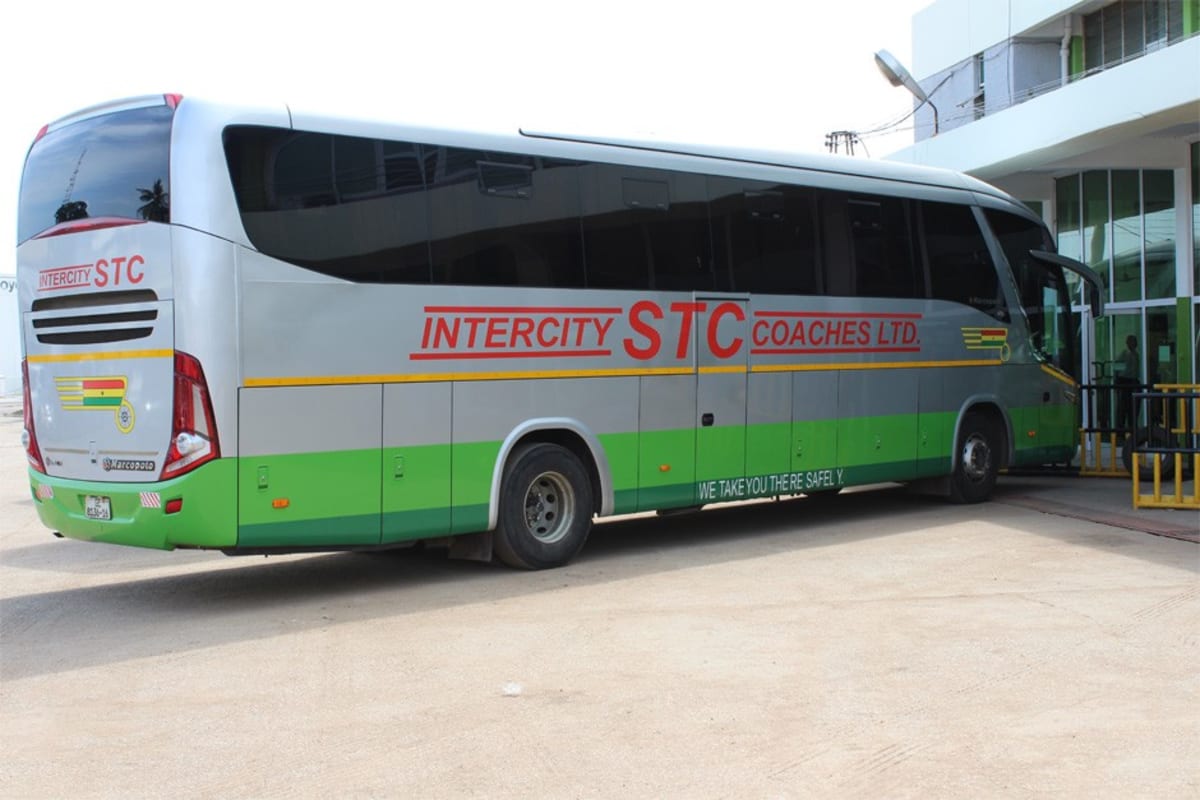 Modern passenger buses lined up at Ghana State Transport Company terminal ready for service