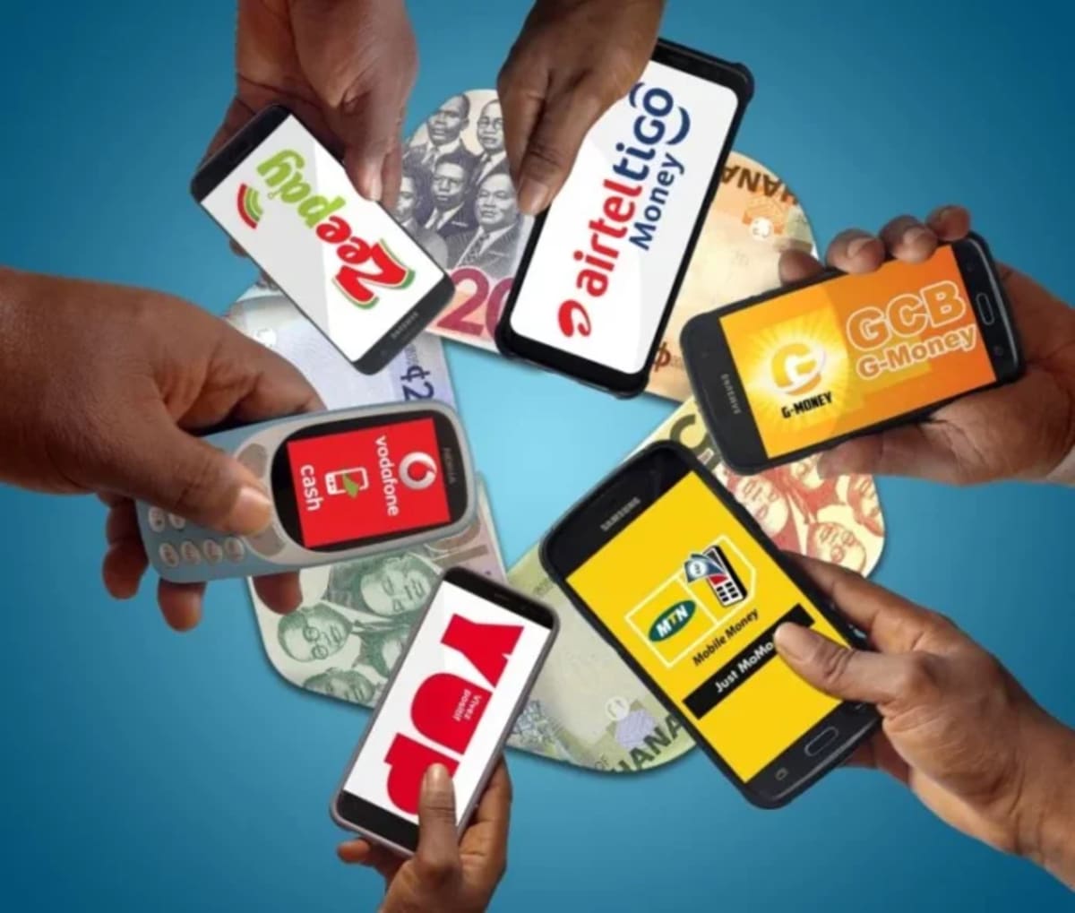Person using mobile phone for digital payment transaction in Ghana marketplace
