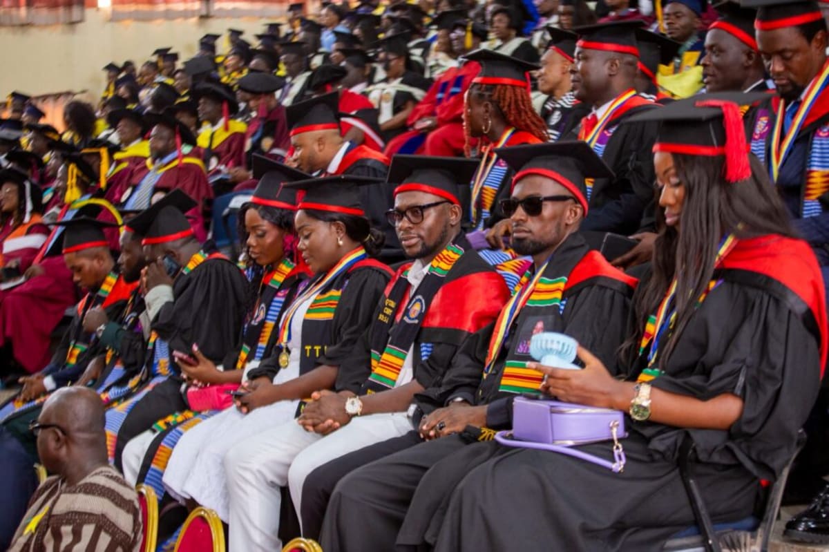 Graduates in academic regalia celebrate at Takoradi Technical University commencement ceremony in Ghana