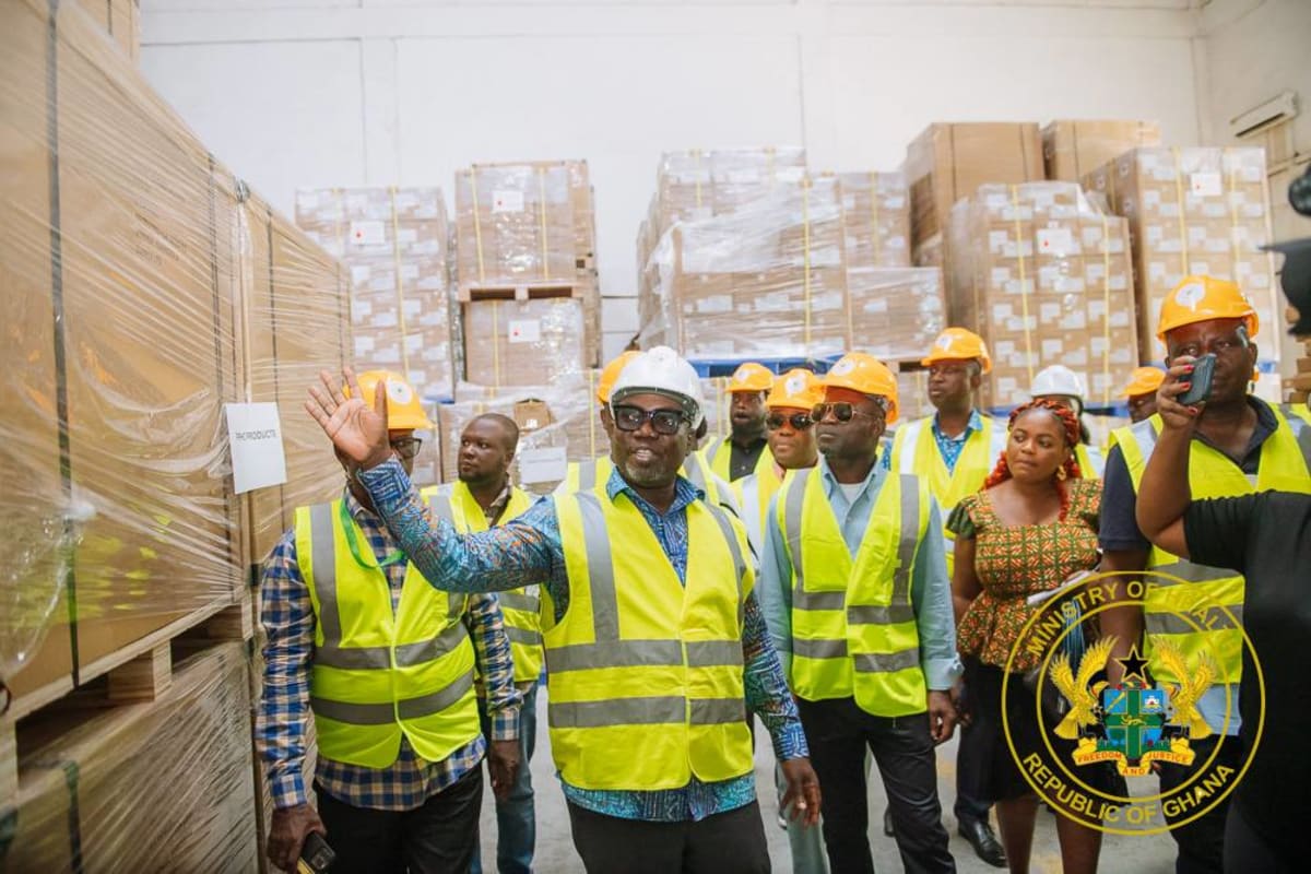 Medical equipment including incubators and diagnostic machines ready for distribution to Ghanaian healthcare facilities