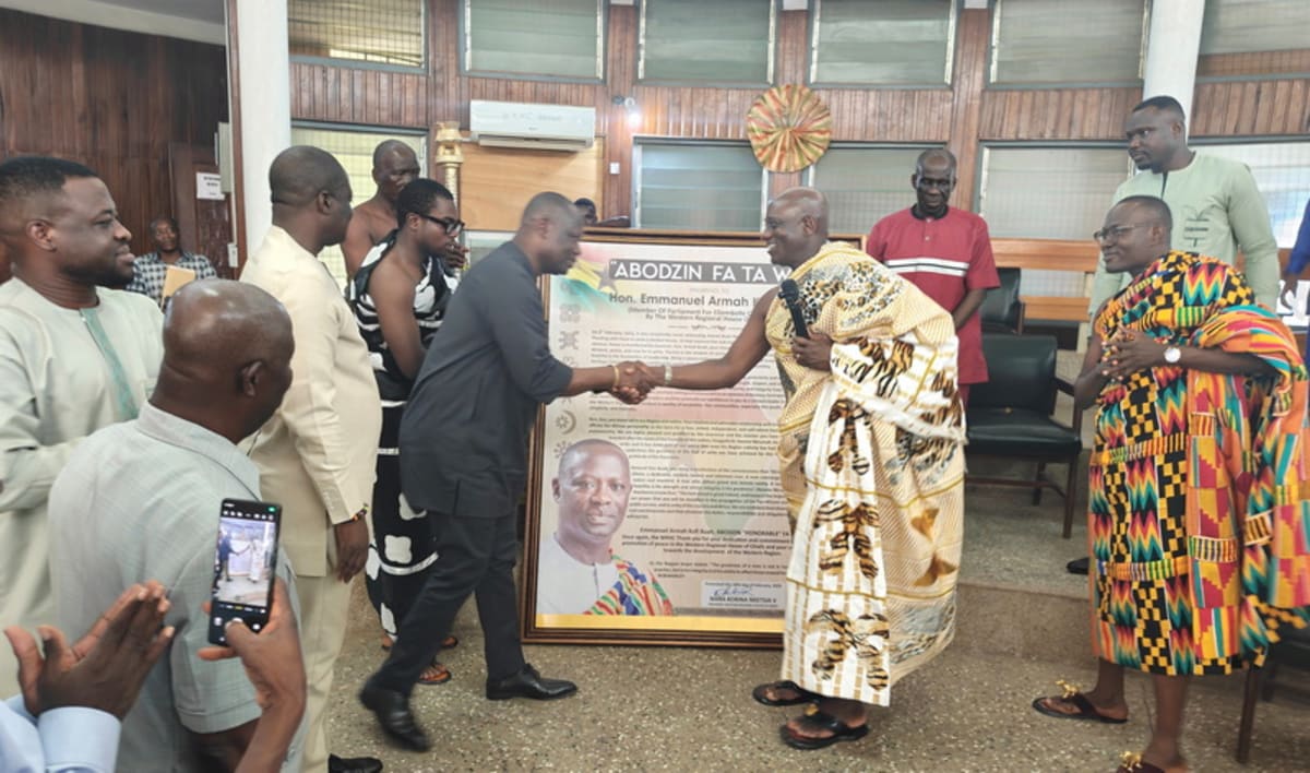 Ghanaian Member of Parliament Emmanuel Armah-Kofi Buah receives honor from traditional chiefs in Western Region