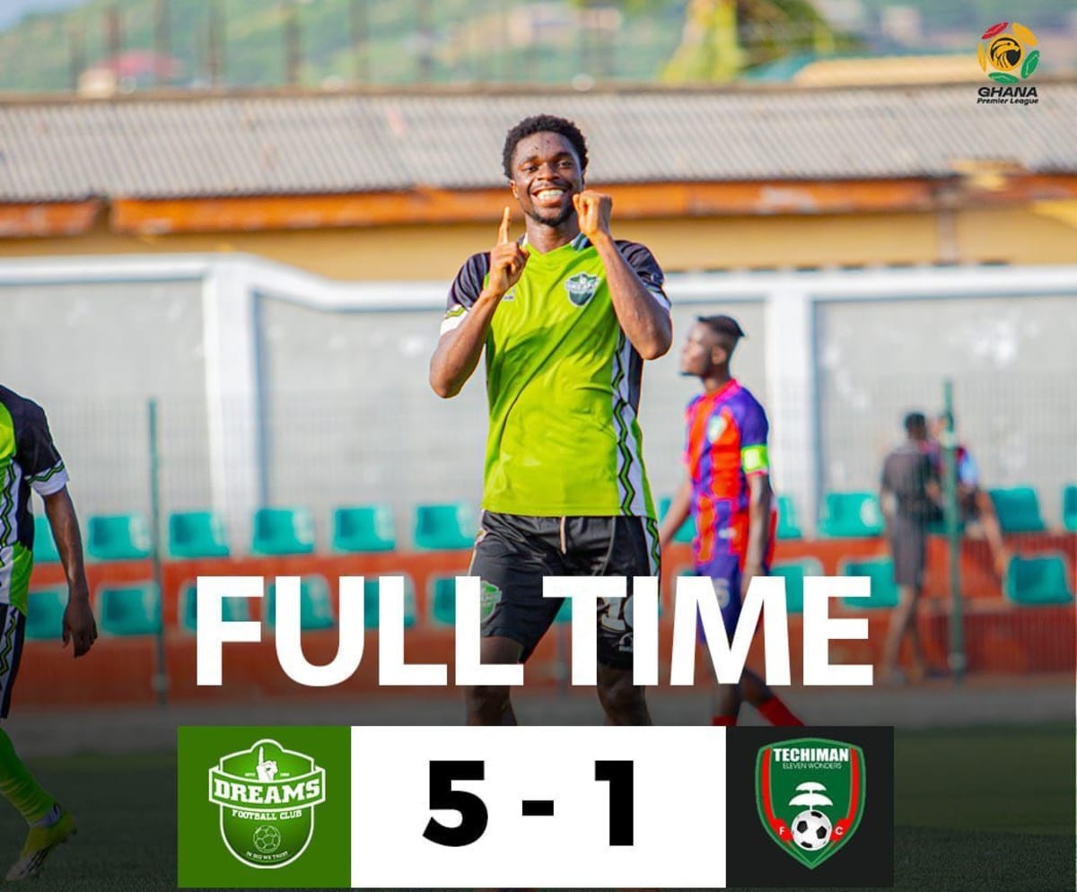 Dreams FC players celebrating during their five-goal second-half comeback victory against Eleven Wonders