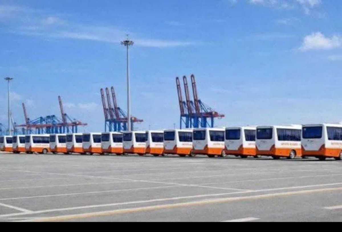 New government buses lined up ready for deployment in Ghana's public transit system