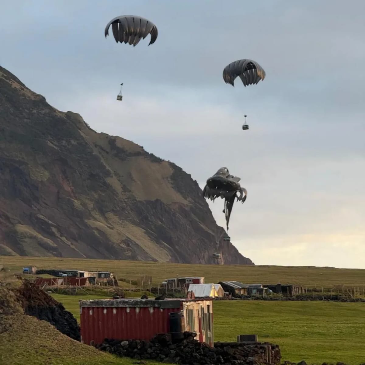 British military paratroopers descending onto remote Tristan da Cunha island in South Atlantic Ocean