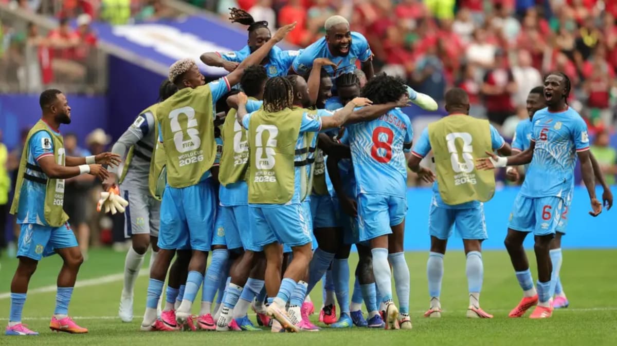 Yoane Wissa celebrates scoring DR Congo's historic first World Cup goal against Portugal