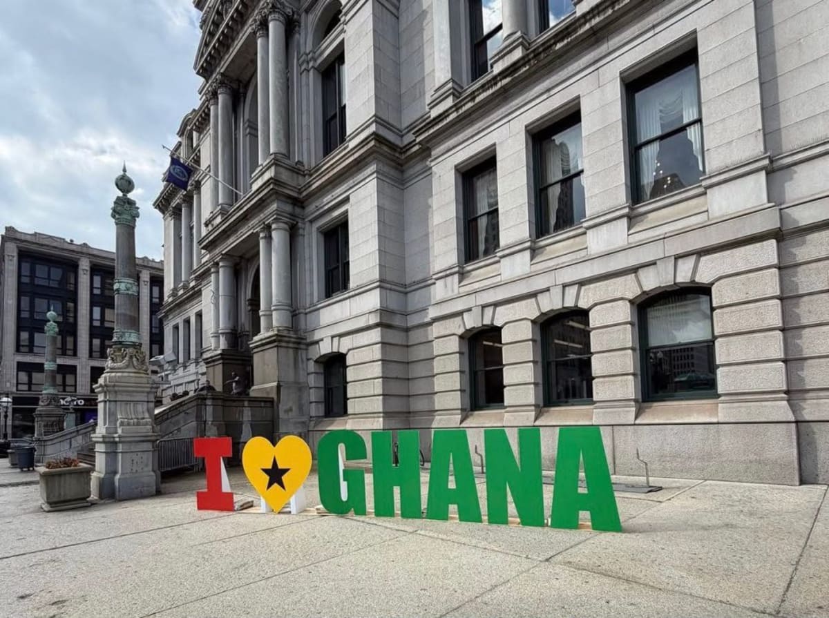 Colorful "I Love Ghana" installation in red, gold and green on Providence street