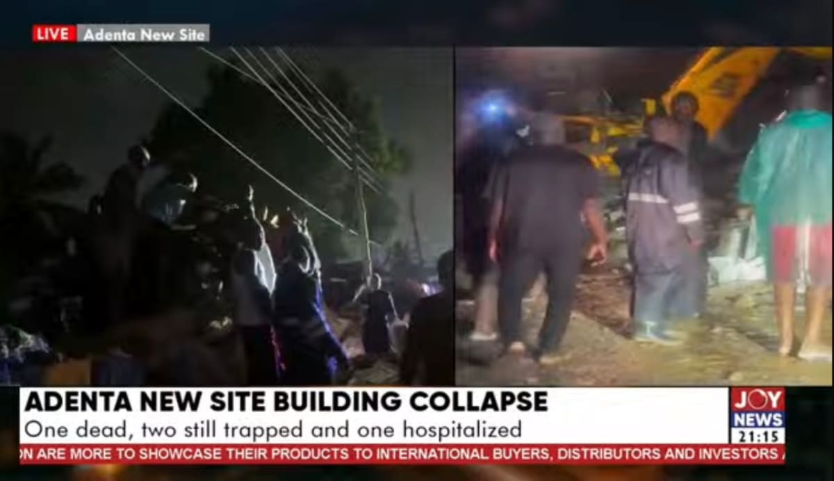 Ghana firefighters conducting rescue operations at collapsed building site in Adenta