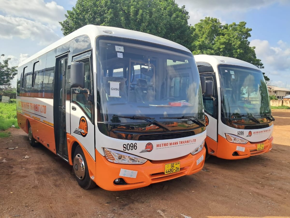 New Metro Mass Transit buses lined up in Ghana's Upper West Region ready for passenger service