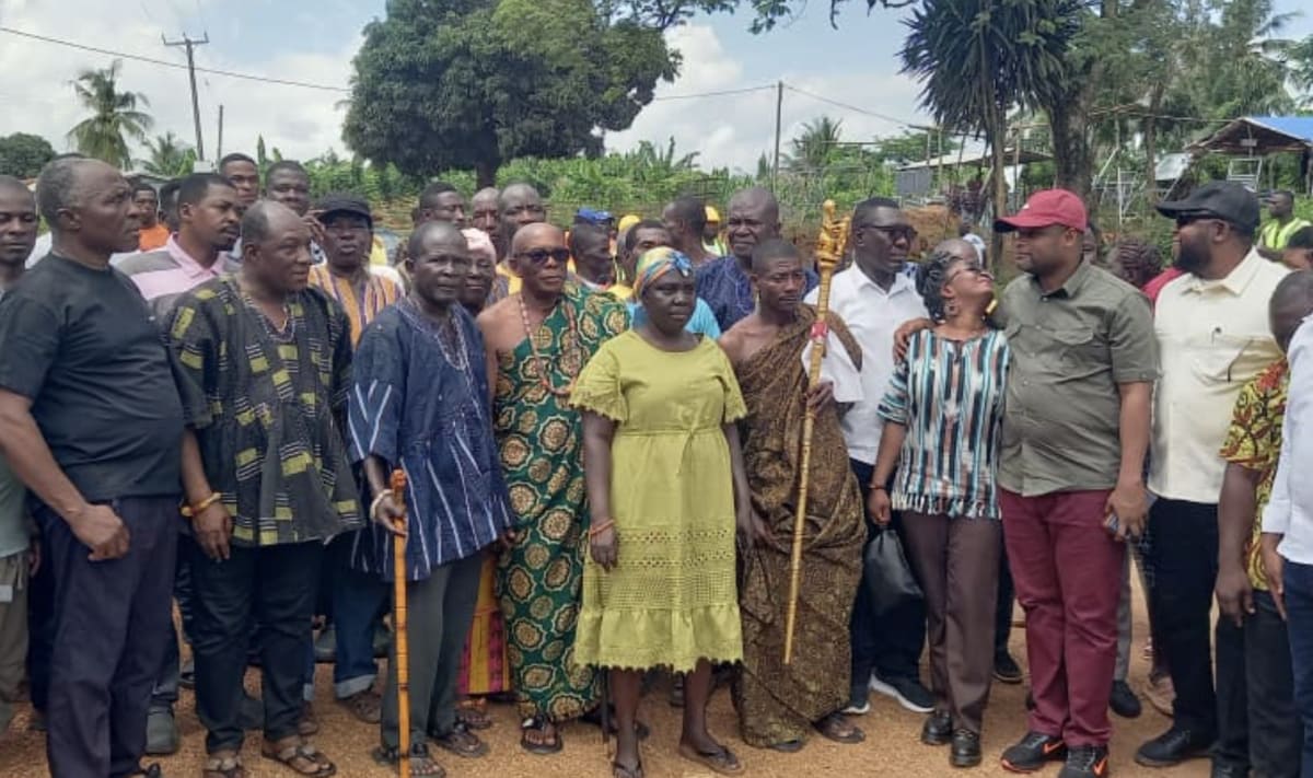 Construction workers and community members gather for bridge groundbreaking ceremony in Hohoe, Ghana