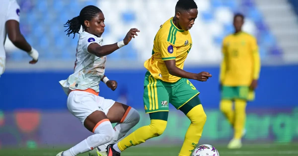 South African women's soccer players celebrating during their comeback draw against Côte d'Ivoire
