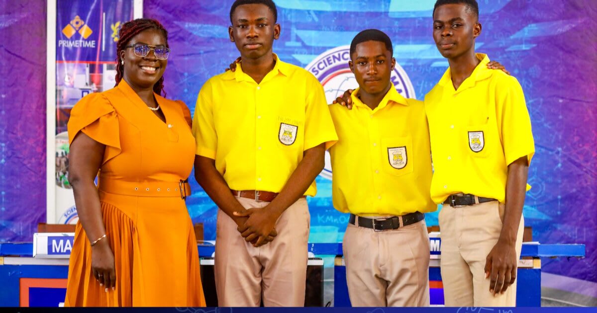 Students from Edinaman Senior High School celebrating their record-breaking science quiz victory in Ghana