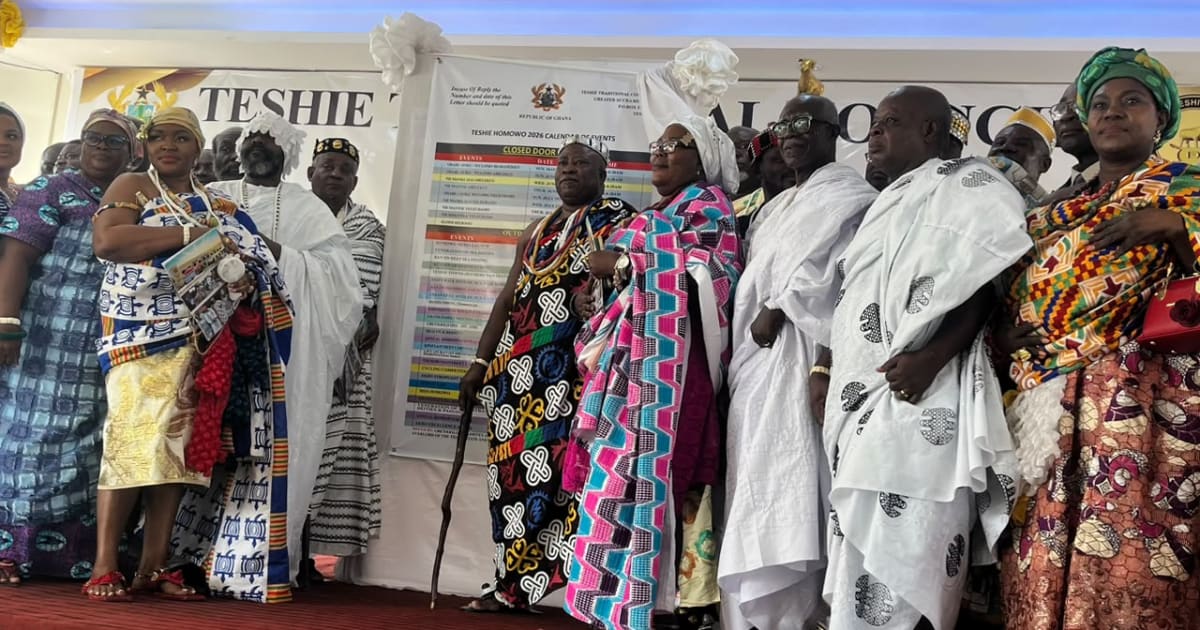 Traditional Ghanaian chiefs and police officials gathering at the Homowo Festival launch ceremony in Teshie