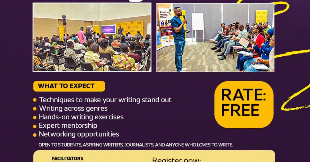 Aspiring writers attend creative writing workshop with notebooks and materials in Ghana classroom