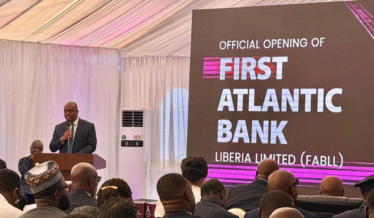 First Atlantic Bank building exterior with flags of Ghana and Liberia displayed together