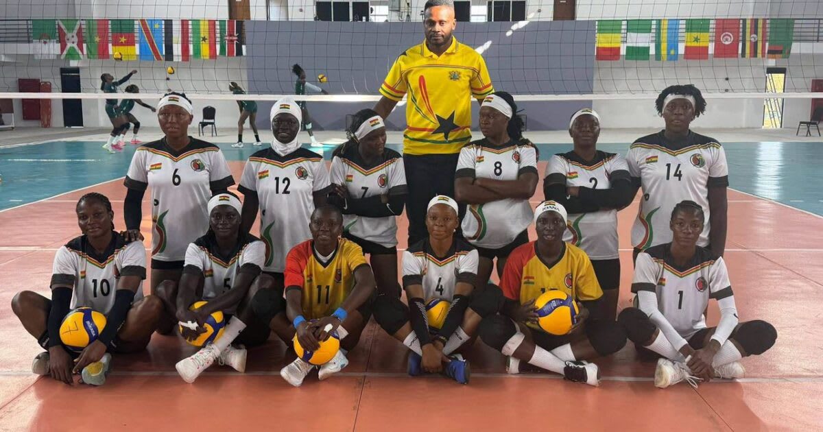 Ghana national volleyball team celebrating after winning match at Africa Nations Cup tournament
