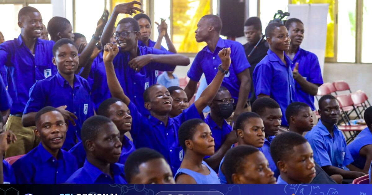 Students celebrating at St. Mary's Seminary Senior High School in Lolobi, Ghana after qualifying for nationals
