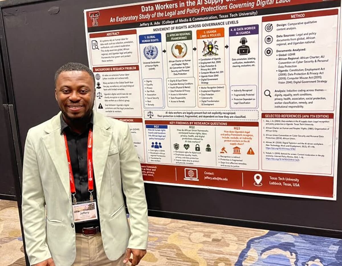 Ghanaian PhD student Jeffery Acheampong Adu presenting research on AI worker protections at academic conference