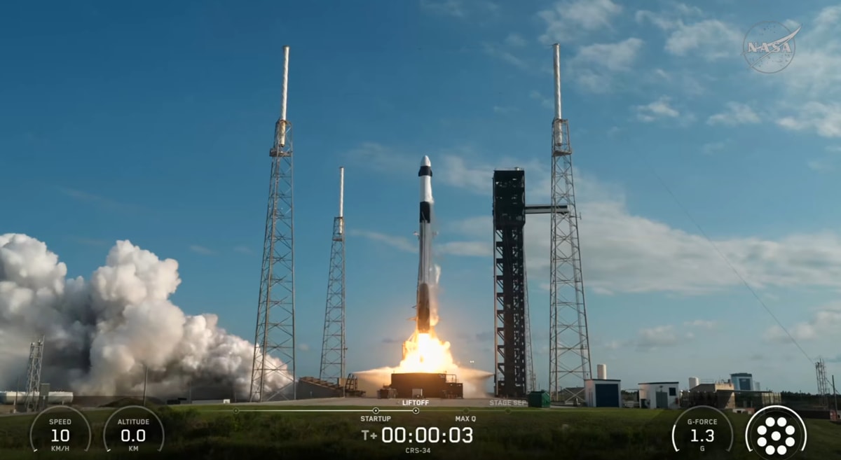 SpaceX Falcon 9 rocket launching at dusk from Cape Canaveral carrying Dragon cargo spacecraft