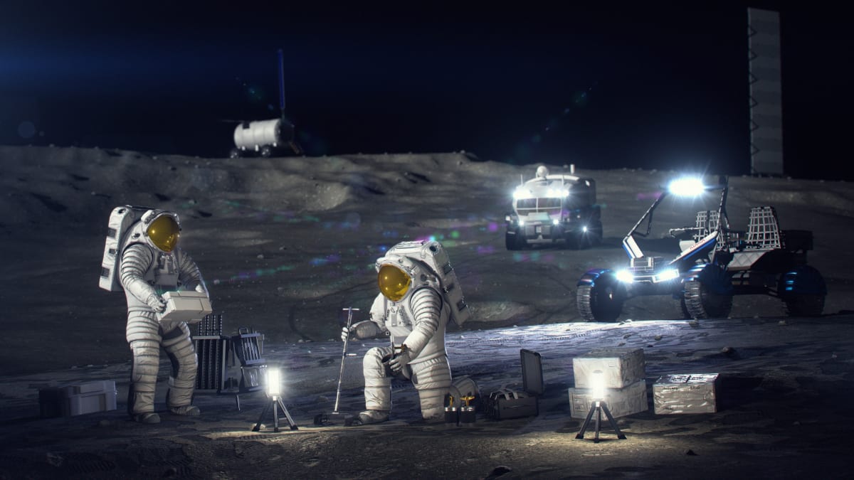 Artistic rendering of astronauts in white spacesuits working on the gray lunar surface