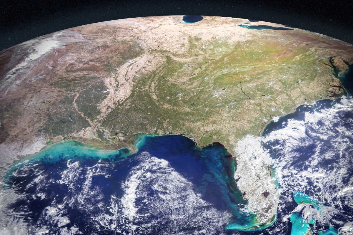 Green swirls of algae blooms visible from space off the U.S. Gulf Coast captured by NASA satellite