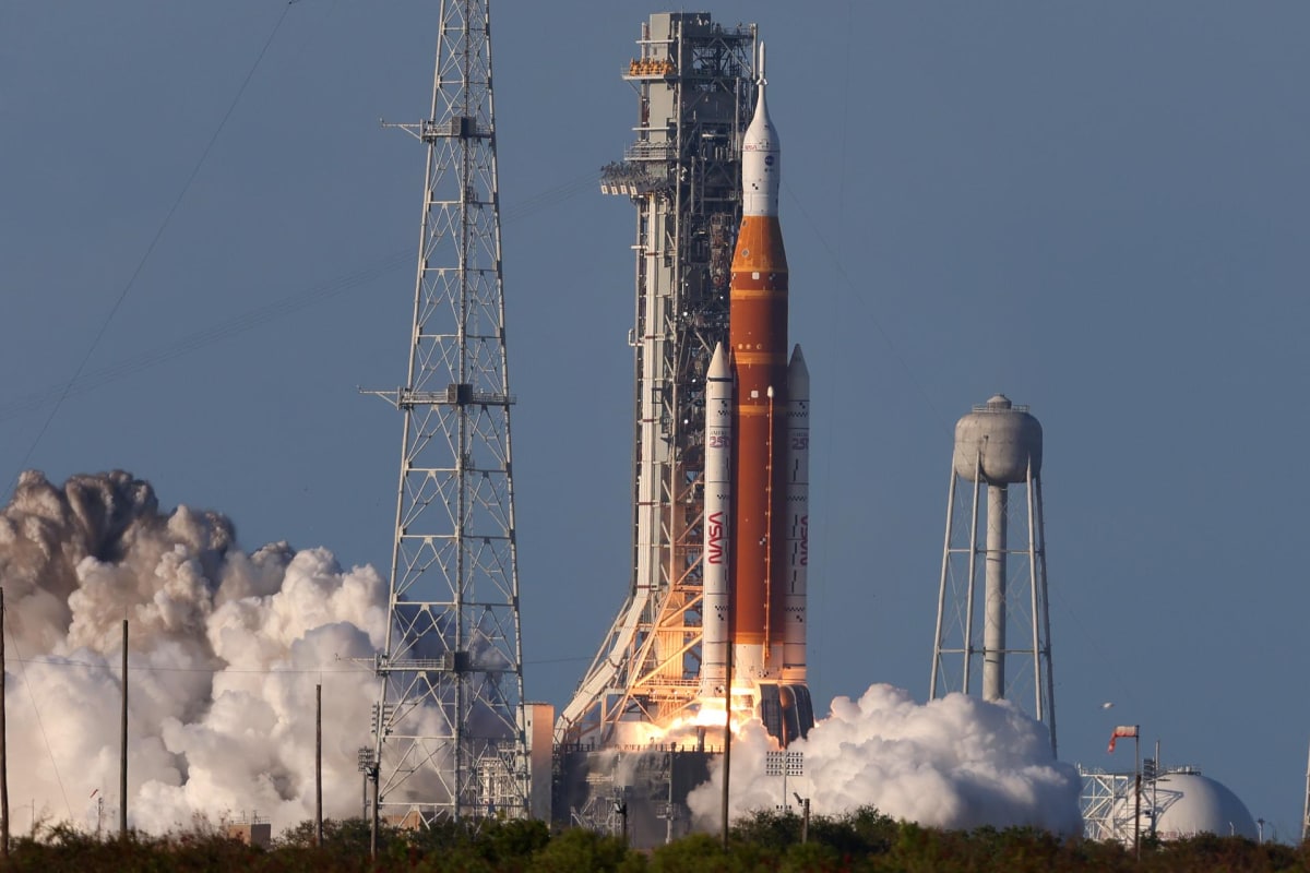 NASA's Orion spacecraft mounted on Space Launch System rocket during Artemis II test flight