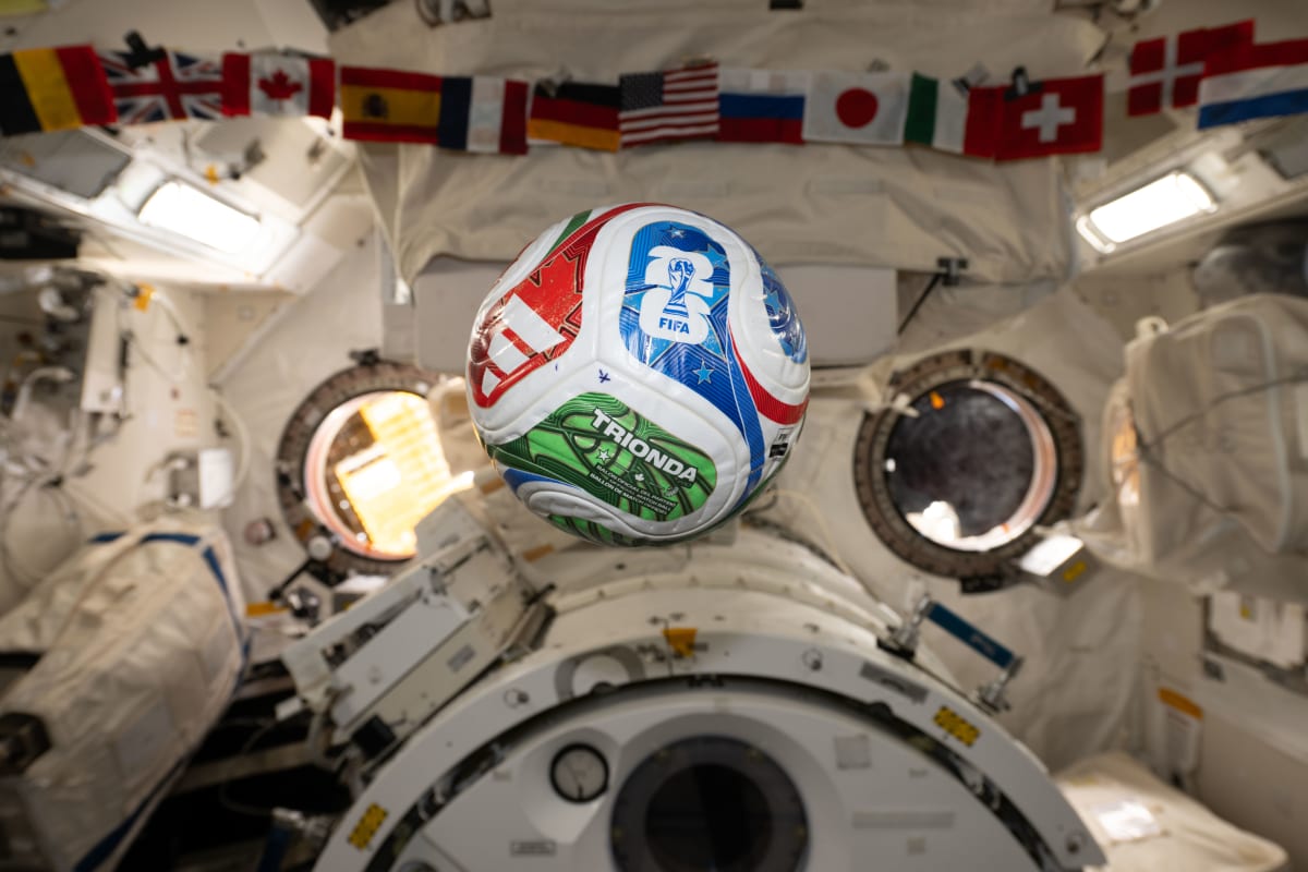 Soccer ball floating in microgravity aboard the International Space Station during NASA research experiment