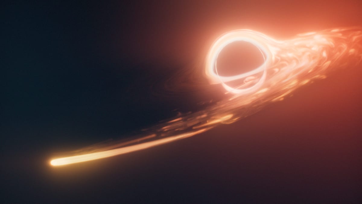 Artist's illustration of a sun-like star being torn apart by a supermassive black hole's gravity