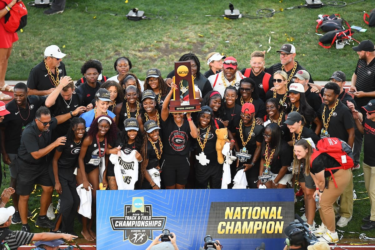 Georgia Bulldogs women's track team celebrating their 2026 NCAA outdoor championship victory together