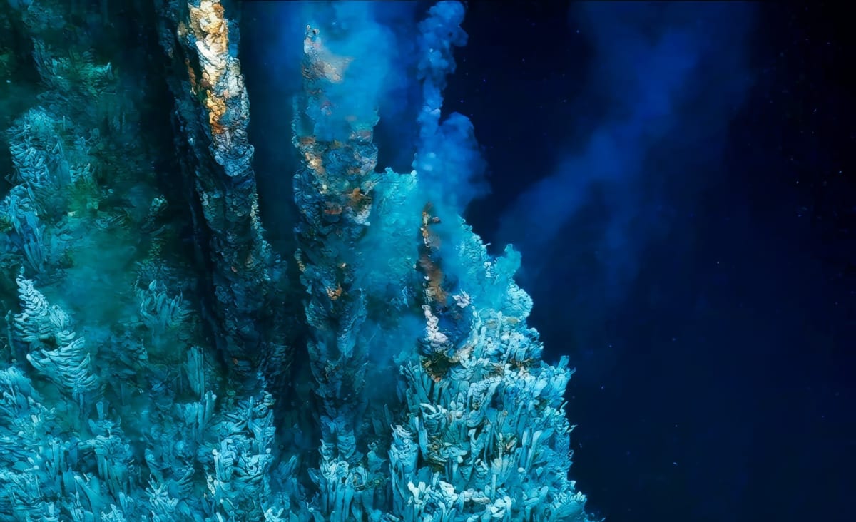 Colorful microscopic image of diverse bacteria from extreme deep-sea volcanic vent environment