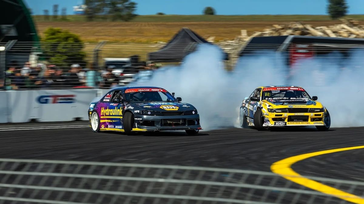 Drift cars creating tire smoke on the new H Blackbee Drift Park track in Gisborne