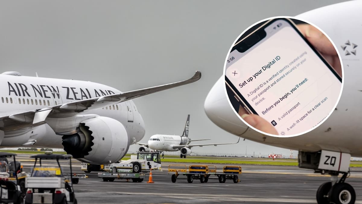 Air New Zealand passenger using facial recognition scanner at airport checkpoint instead of passport