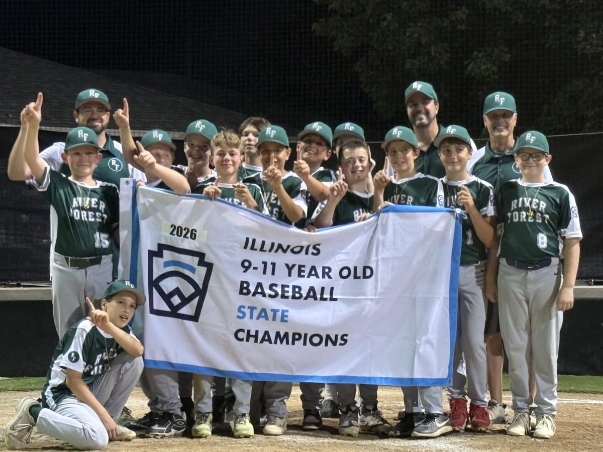 River Forest 11U youth baseball team celebrating together after winning Illinois state championship