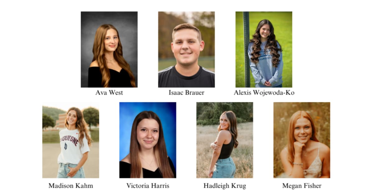 Seven diverse high school graduates in caps and gowns holding scholarship award certificates