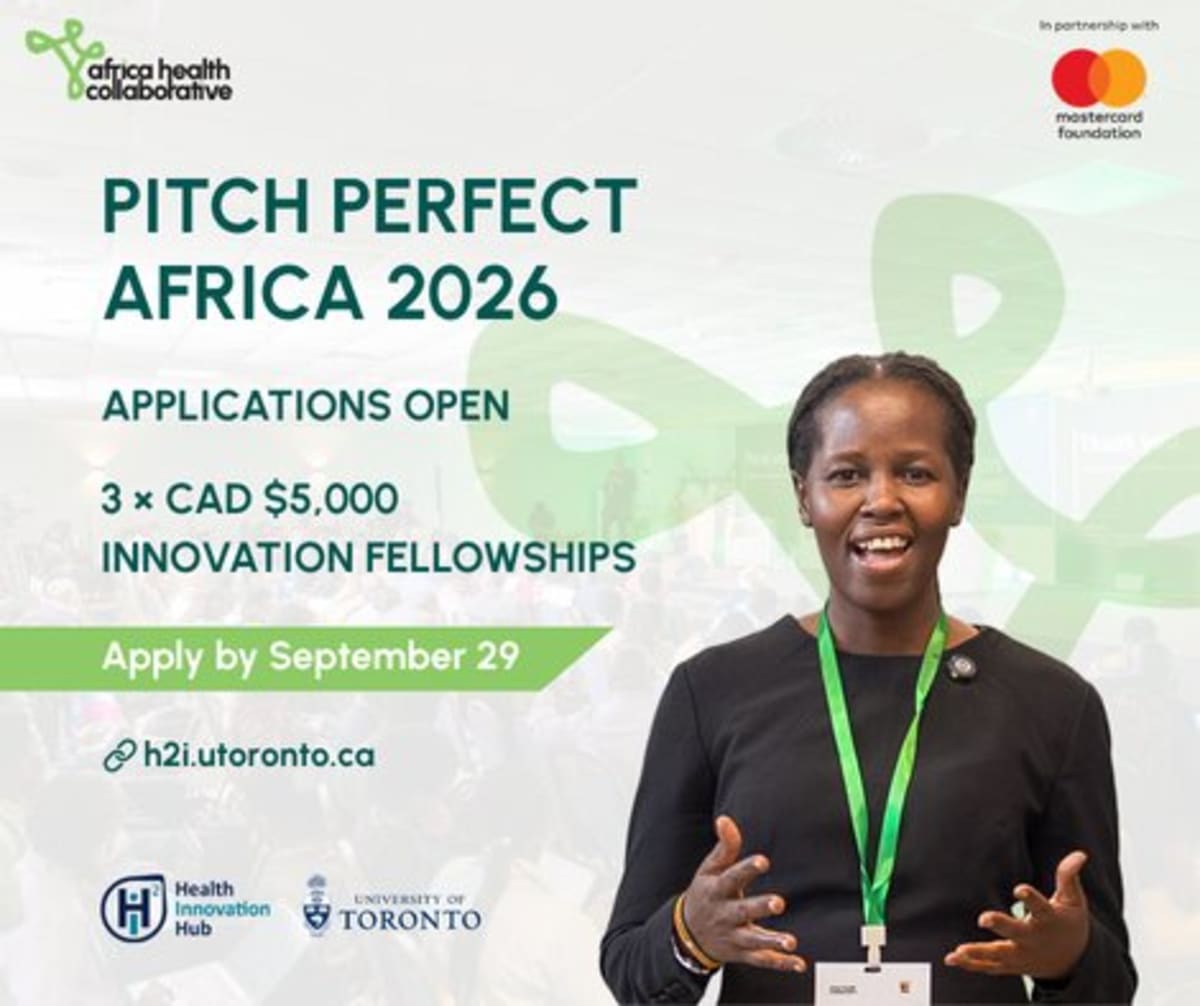 African entrepreneur presenting health innovation pitch to panel of judges at competition event